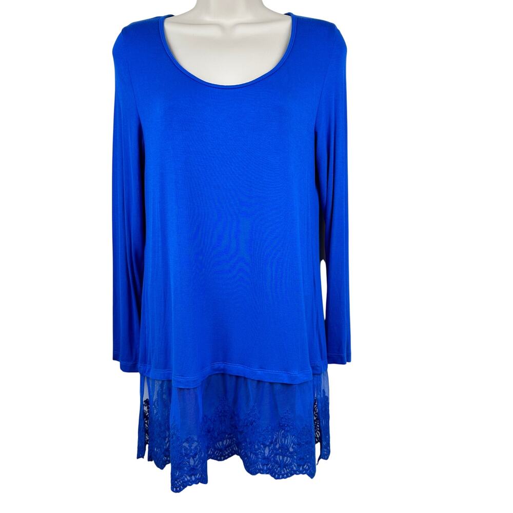 Origami by Vivien Tunic Top Knit Blouse Lace Trim Blue Med Long Sleeve Boho